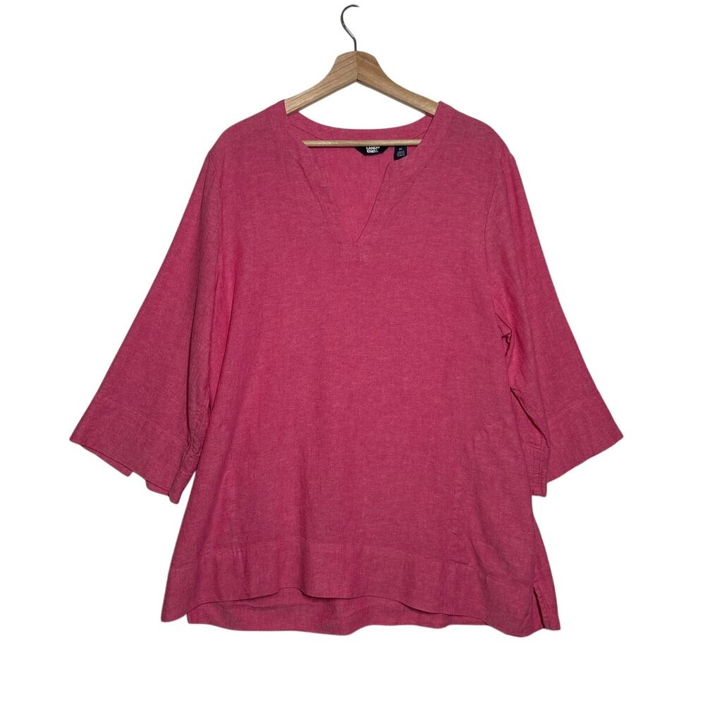 Lands End Pink Linen Blend 3/4 Sleeve Split V-Neck Tunic Top Sz XL Lagenlook